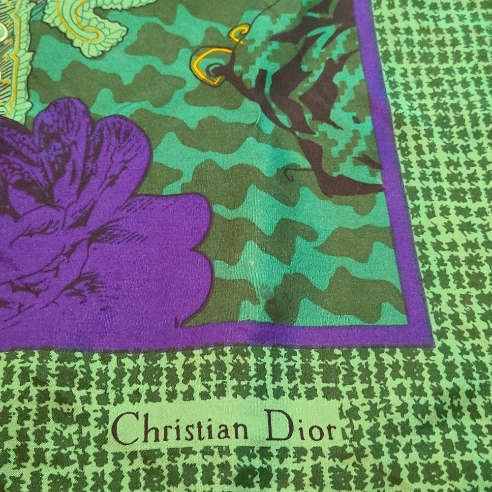 Christian Dior Autumn Green Hues Violet Floral Paisley Silk Scarf - Picture 6 of 11
